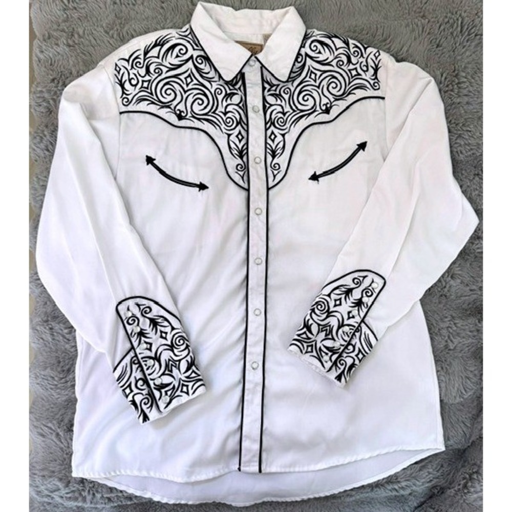 Scully Western Vintage Shirt White Black Scroll Embroideried Pearl Snap Mens L